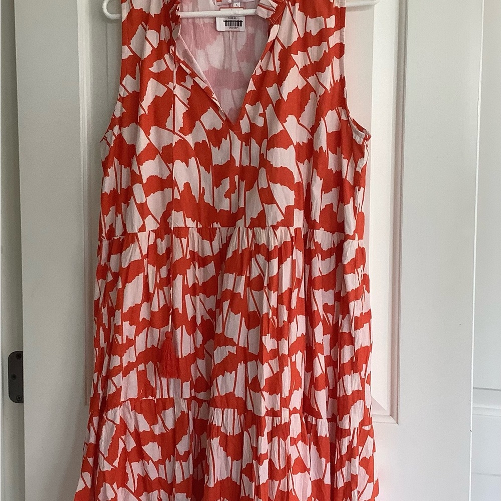 Jude Connaly Orange and White Patterned  Cotton Dress Sleeveless Ruffle Large